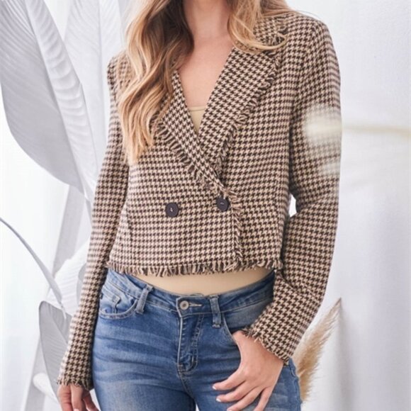 Womens work chic houndstooth plaid print fringe de - Picture 2 of 7